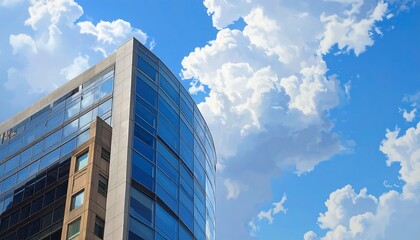 Modern glass office building rises against a vibrant, cloud-filled sky.