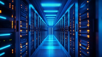 Shot of Corridor in Working Data Center Full of Rack Servers and Supercomputers.