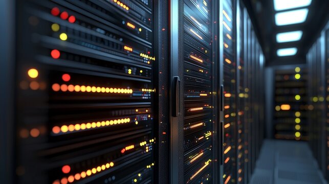 Server room data center. Backup, mining, hosting, mainframe, farm and computer rack with storage information. 3d render - Powered by Adobe