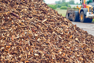 mountains of wood chips against the blue sky and green forest