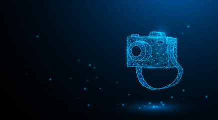 Classic camera, ordinary camera, designed in a graphic technology line style, blue tone, lines connected to form many triangles, forming a camera.