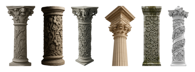 Carved column set including stone, marble, and decorative floral designs isolated. Ancient architecture and classical decor elements.