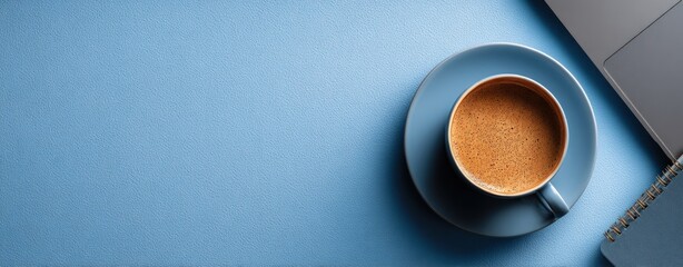 A top-down shot of a coffee cup on a saucer, with a laptop and notebook on a blue desk