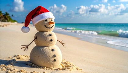 Minimalist Smiling sandy snowman in red santa hat on the sea beach