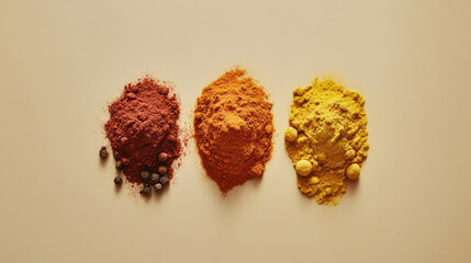 Three Piles of Colorful Powdered Spices in Red, Orange, and Yellow on Beige Surface with Seeds
