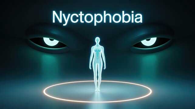 Nyctophobia: A haunting digital rendering conveys the unsettling fear of darkness, featuring a glowing figure trapped within an illuminated circle under the ominous gaze of shadowy eyes.