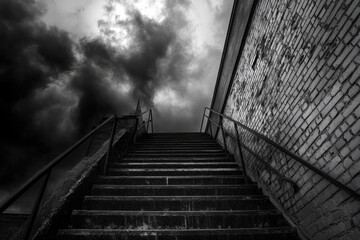 Black and White Staircase with Metal Railings and Ominous Sky in Dramatic Upward Perspective
