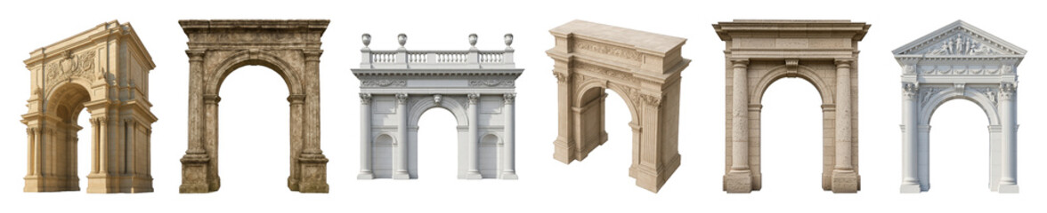 Fototapeta premium Classical arches set including ancient, ornate, stone, and monumental designs isolated. Architectural design elements and landmarks.
