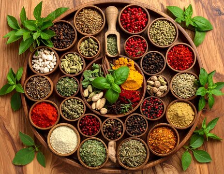 Colorful array of spices in small bowls
