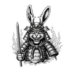 Illustration of a rabbit samurai warrior, a fierce fighter with a katana sword
