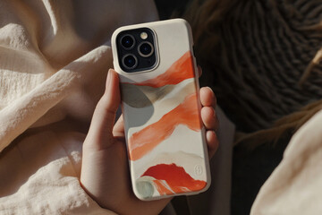 Hand Holding Smartphone with Abstract Brushstroke Case in Red, Orange, Beige, and Green Tones