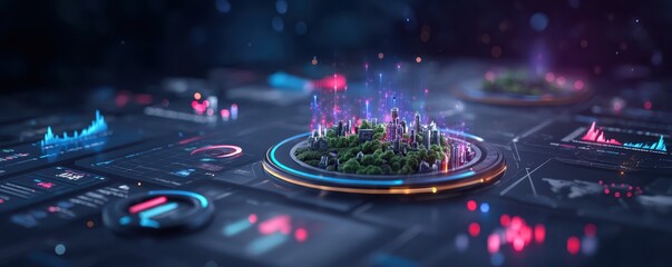 A futuristic digital landscape with vibrant graphs and data visualizations, showcasing a green ecosystem amidst technology.