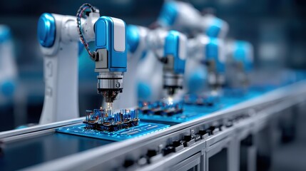 Fototapeta premium A futuristic scene of robotic arms assembling electronic circuits on a production line, showcasing advanced manufacturing technology.