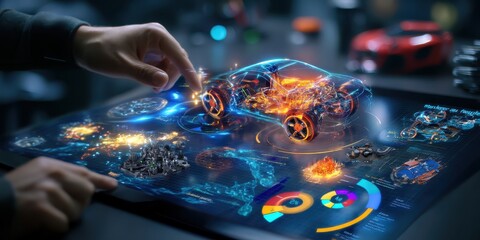 A hand interacts with a holographic display showcasing a detailed digital car model and various data visualizations.