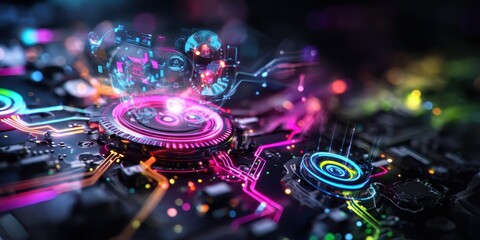 Fototapeta premium A vibrant, futuristic circuit board with glowing elements and intricate designs, showcasing technology and innovation.