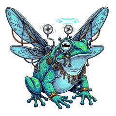 Steampunk mechanical frog with wings and halo isolated on white background, a whimsical creation