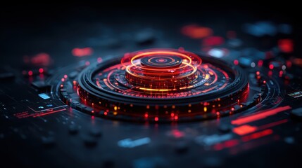 A vibrant, futuristic digital design featuring circular patterns with glowing red and orange elements on a dark background.