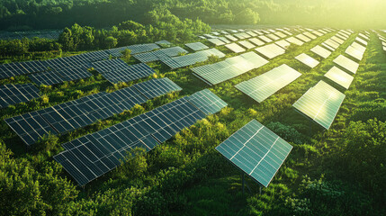 Solar Farm with Tilted Panels Across Green Landscape Under Warm Sunlight