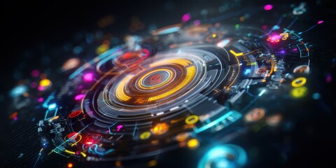 A vibrant, futuristic digital design featuring intricate circular patterns and colorful elements, suggesting advanced technology and innovation.