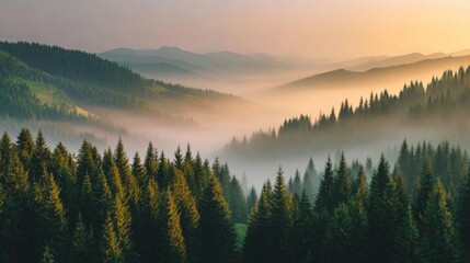 Misty Mountain Landscape Sunrise over Evergreen Forest Fog Nature Trees