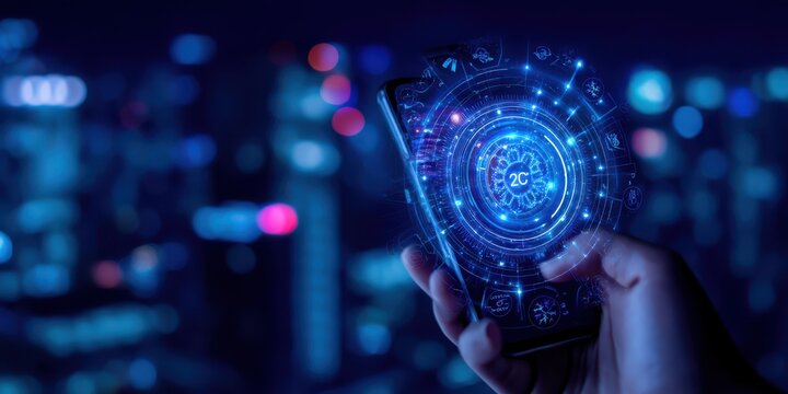 A hand holds a smartphone displaying a futuristic, glowing interface against a blurred cityscape at night.