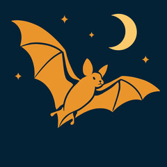 A stylized illustration of an orange bat flying at night under a crescent moon and stars.
