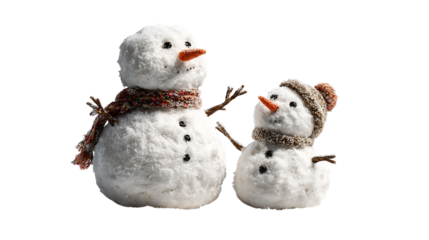 Two snowmen with scarves and hats isolated on transparent background