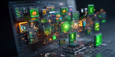 A futuristic laptop displays vibrant holographic data streams and digital elements, suggesting advanced technology and data representation.