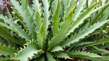 Dasylirion Graminifolium long leaves with toothed edges close up. Great desert spoony plant agavacae family. Big green cactus bush.