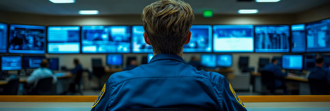 Rear view of uniformed security professional intently observing vast, modern control room filled with numerous glowing blue digital surveillance monitors and other operating personnel. - Powered by Adobe