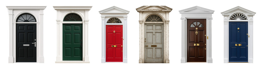 Obraz premium Elegant front doors set including black, green, red, brown, blue, and distressed grey isolated. Traditional home entrance elements.