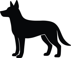 Minimal vector silhouette, standing alert dog, ears up, side view, solid black