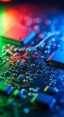 Fototapeta premium Detailed close-up of a vibrant multicolored illuminated circuit board