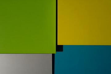 Vibrant geometric abstract composition with four distinct color blocks in green yellow blue and gray