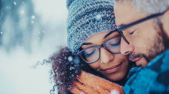 Close-up of loving and diverse couple embracing warmly in picturesque snowy winter scene, sharing tender moment of affection with eyes closed amidst falling snowflakes. - Powered by Adobe