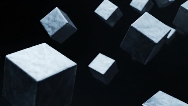 Floating stone cubes drift in the dark void, casting subtle shadows and creating a sense of mystery and technological advancement.
