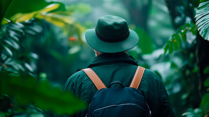 Back view of solitary explorer in green hat and dark jacket, trekking through dense, verdant tropical rainforest under gentle, visible rain