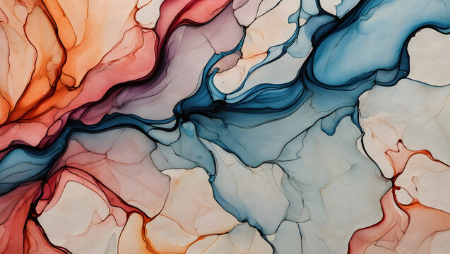 Abstract fluid art with blended hues of orange blue and grey swirls and textures