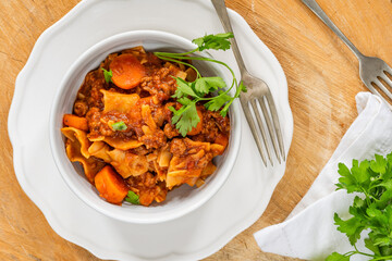 Vegetarian lasagne soup with meatless quorn mince