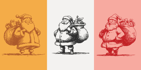 Vintage line sketch illustration of three Santa Claus figures with large gift sacks, festive retro doodle holiday artwork collection.