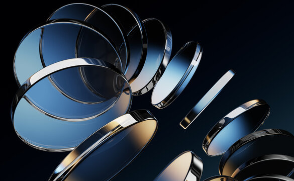 Fototapeta Abstract dark 3d background with neon glass circle disc and blue brown gradient. Circular ring motion effect of crystal round disks, holographic transparent lens. Digital tech banner. 3D illustration