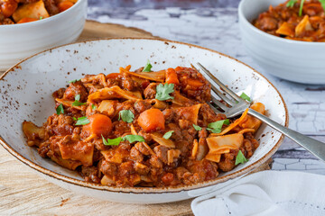 Vegetarian lasagne soup with meatless quorn mince