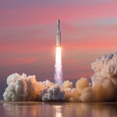 Powerful rocket launch ignites the sky with bright flames and smoke clouds