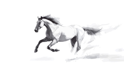 The image is a monochrome illustration or painting of a horse in motion. The horse is depicted in shades of gray against a white background, with a suggestion of motion blur around its hooves and