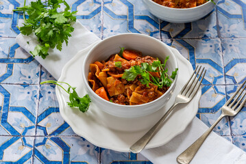 Vegetarian lasagne soup with meatless quorn mince