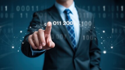 Businessman interacting with digital data and binary code on futuristic interface