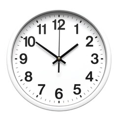 A clean, minimalist white clock with black numerals is displayed against a plain white background.