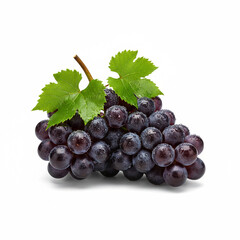 Fototapeta premium A refreshing and vibrant shot of a small bunch of fresh, wet black grapes with leaves, isolated on a pure white background