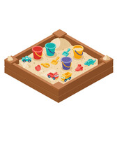 Isometric Sandbox with Colorful Toys and Sand.