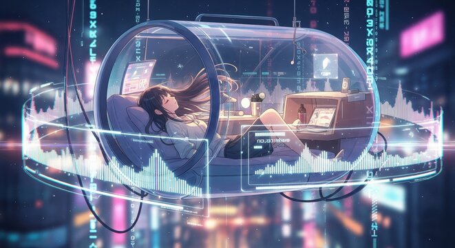 Woman relaxing in a futuristic glass pod with sound waves.